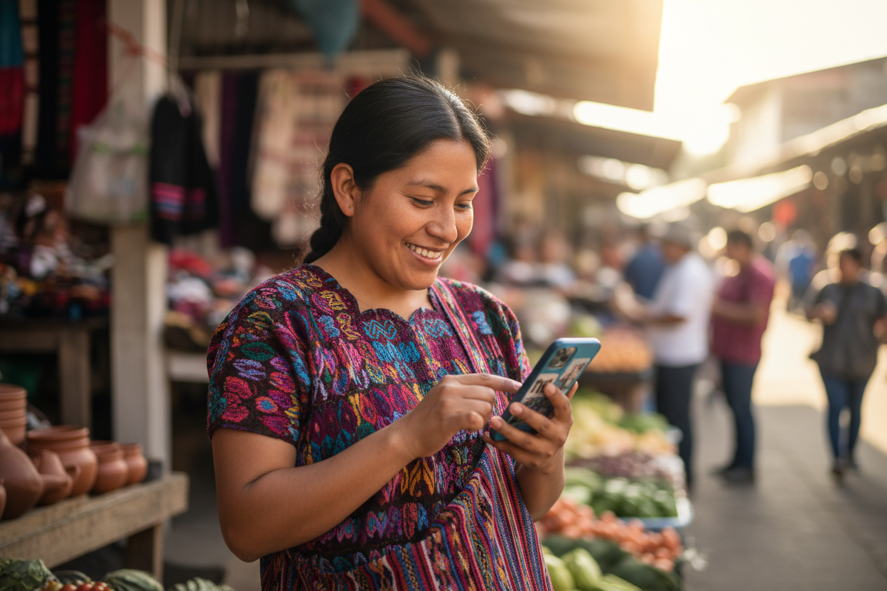 una persona de Guatemala comprando desde su teléfono móvil  sonriendo 